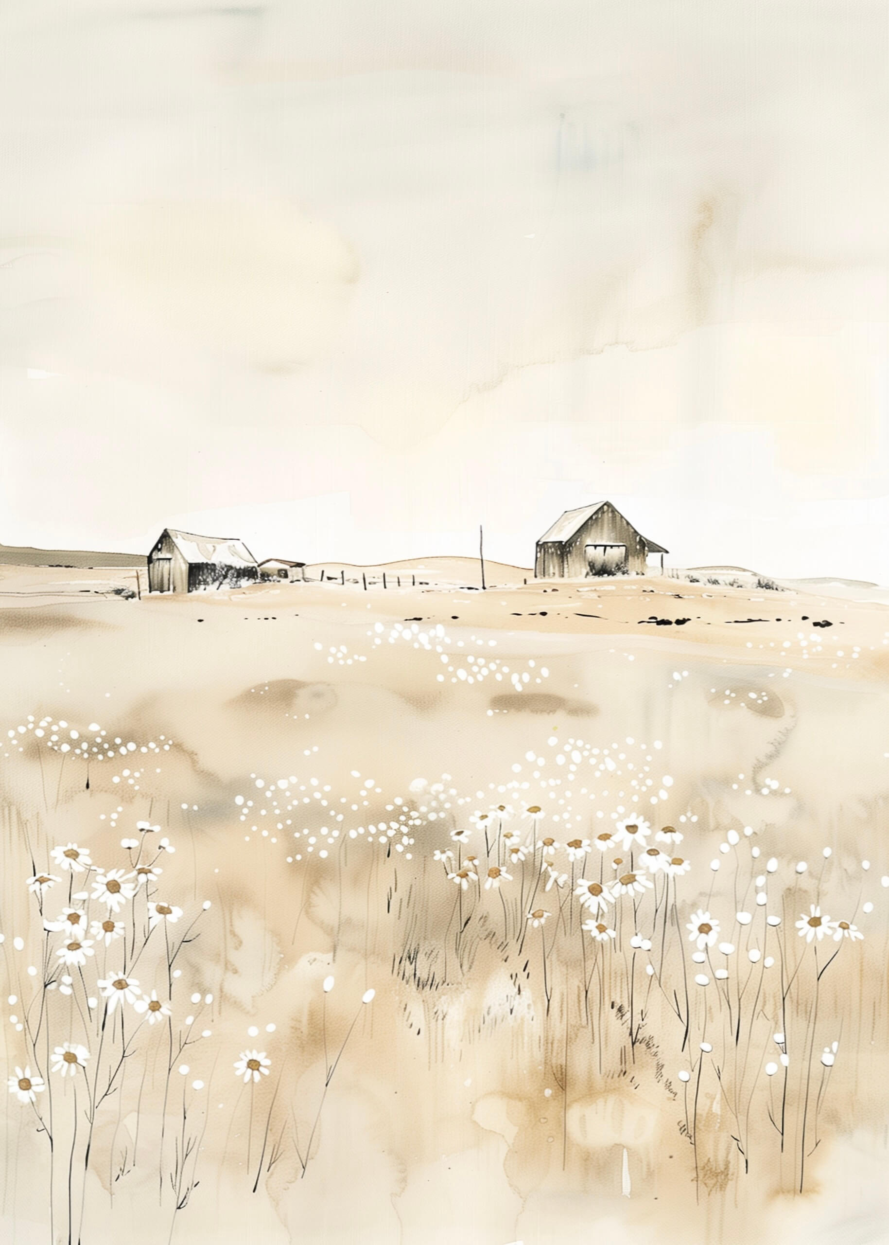 Engens idyl fra Posters er et blødt akvarelmotiv af et landligt landskab med to lader og vilde blomster under en lys himmel. De dæmpede farver giver en fredelig stemning-perfekt som nostalgi plakat til hyggelig landlig indretning.