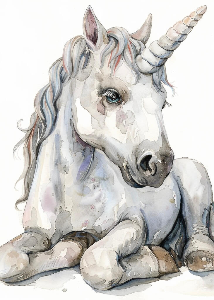 EnhjÞrningen dagdrÞmmer" af Posters: En akvarelplakat af en yndefuld hvid enhjÞrning med spiralformet horn, lyseblÄ Þjne og pastelfarvet manke, der ligger roligt ned.