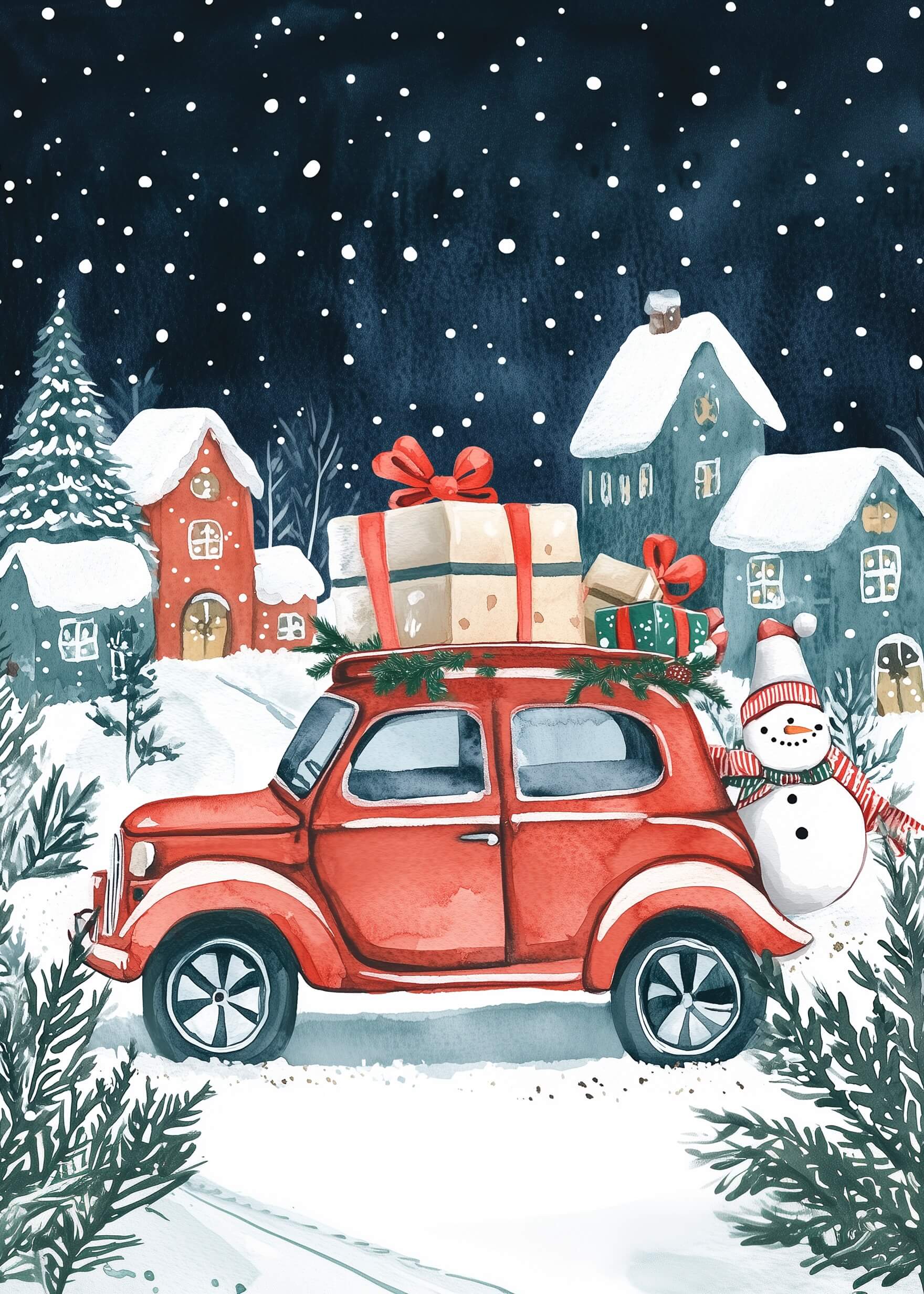 Plakaten "En hyggelig juletur til byen" fra Posters viser en rød bil fyldt med gaver i en snedækket landsby om natten, omgivet af snedækkede huse, træer og en smilende snemand - perfekt til at tilføje julehygge til dit hjem.