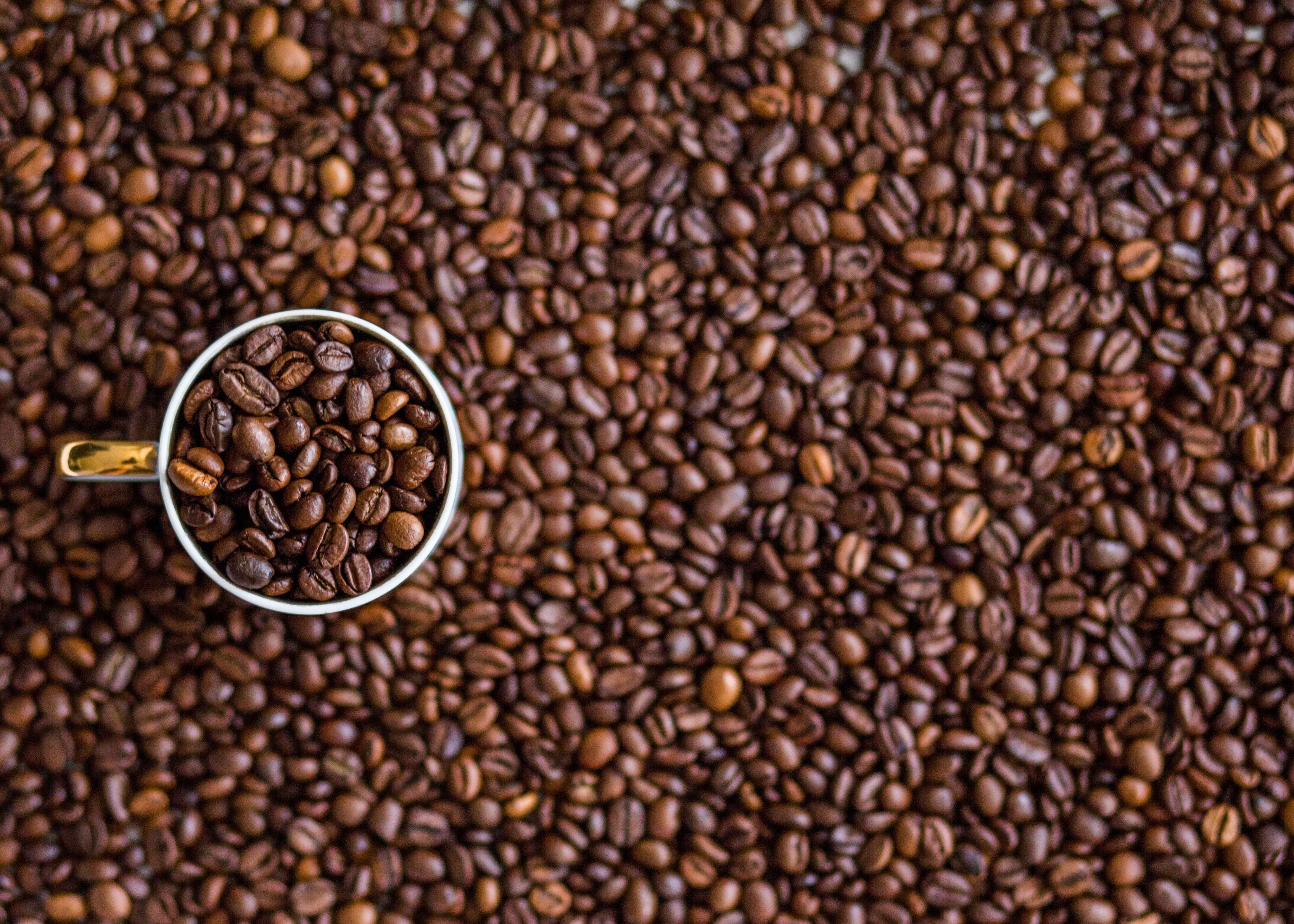 En kop bønner fra Posters ses ovenfra på en overflade dækket af kaffebønner. Koppen står med hanken til venstre, hvilket skaber et smukt, brunt motiv - perfekt som plakat.