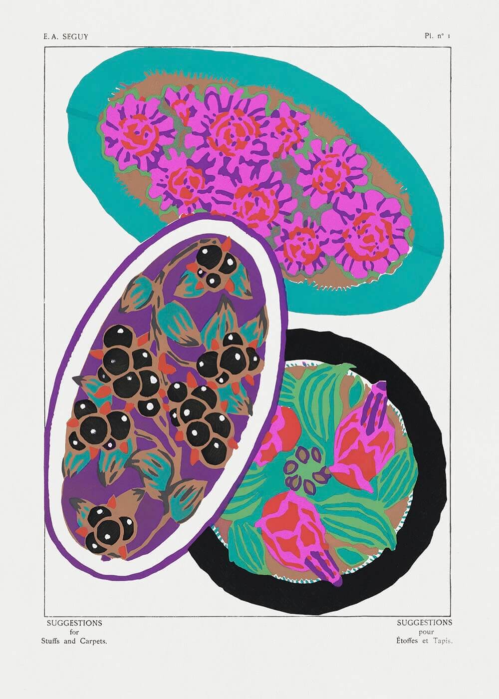 Plakaten "Farverig Blomstermønster Illustration" fra Posters har tre farverige ovale designs med dristige blomster og abstrakte mønstre i pink, lilla, grøn, blå og sort på en hvid baggrund.