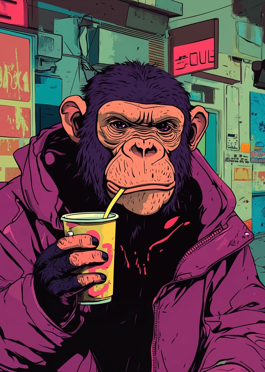 Fast food monkey" fra Posters viser en stiliseret chimpanse i en lilla jakke med en gul kop, sat op mod neonlys fra byen, der indfanger den pulserende urbane energi i en iøjnefaldende plakatstil.