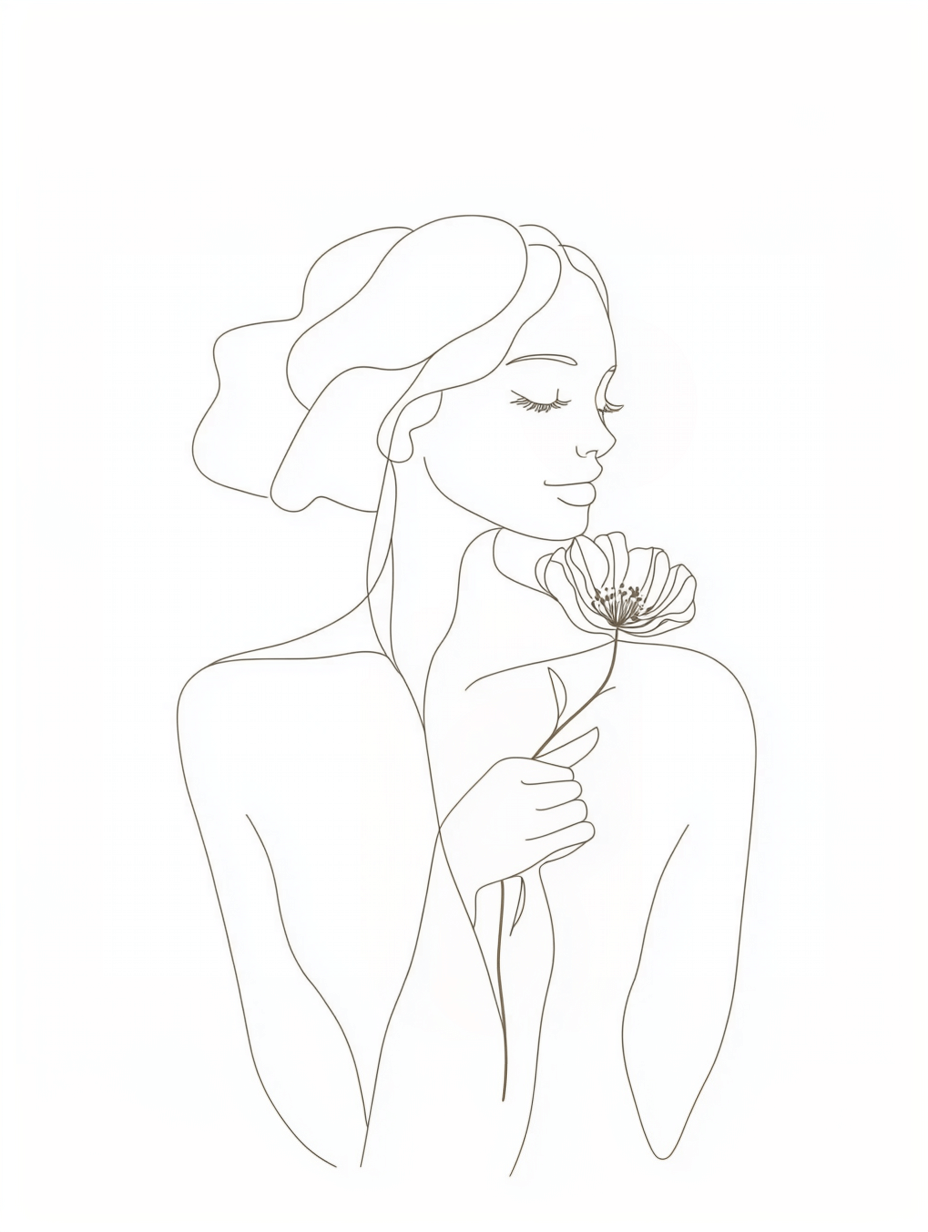 Fine line lady" af Posters er en minimalistisk tegning af en kvinde med lukkede øjne, der holder en blomst og udstråler ro. Denne elegante plakat tilføjer ro og raffinement til ethvert rum.