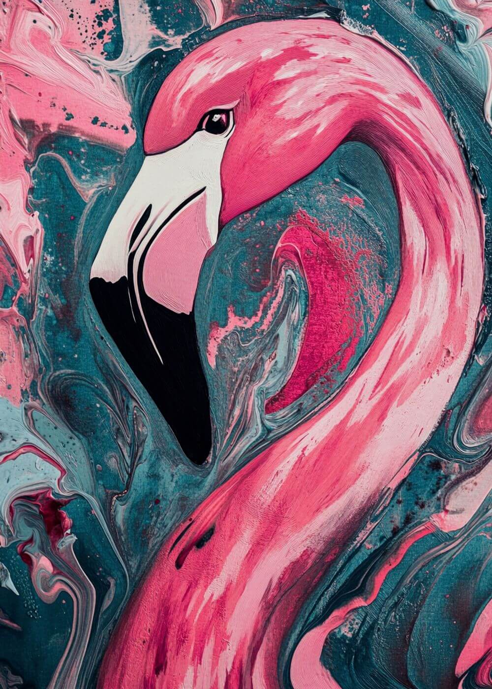 Flamingoens Palette by Posters viser en livlig pink flamingo med en buet hals mod en hvirvlende blågrøn og pink abstrakt baggrund, hvilket resulterer i en dristig, kunstnerisk plakat med moderne designflair.