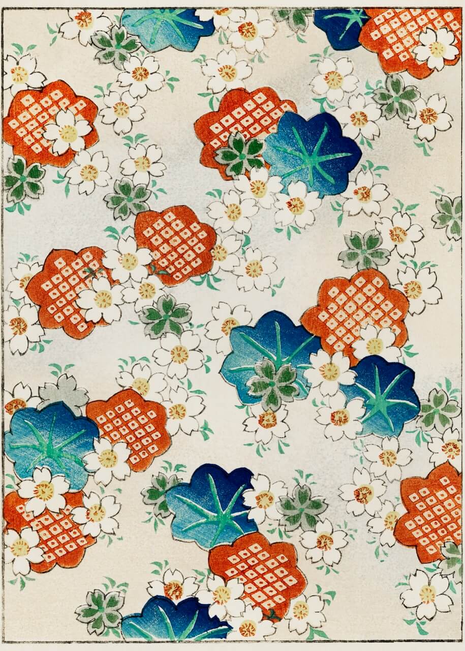 Floral Pattern af Shin Bijutsukai fra Posters har røde sekskanter, hvide gittercentre, blå og grønne blade og små blomster på en lys baggrund - ideelt som blomstermønster-plakat til det moderne hjem.