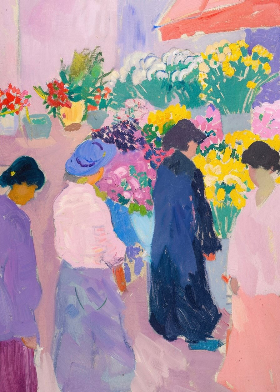 Blomstermarked - Matisse-stil" af Posters: En plakat med fire kvinder i pastelfarvet tøj og hatte, der slentrer forbi levende blomsterboder med gule, lyserøde og røde blomster i et blødt lys.