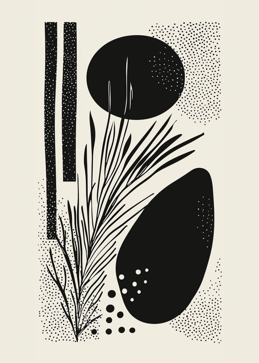 Flow of nature by Posters har abstrakte sorte former, linjer og prikker i et minimalistisk botanisk design på en lys baggrund med organiske blade, ovaler og dekorative detaljer, der fremhæver naturens skønhed.