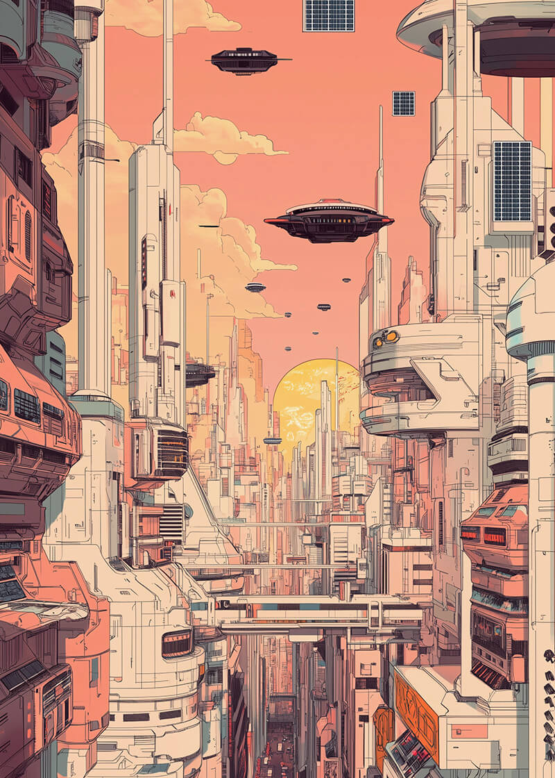 Oplev "Flyvende Elementer" af Posters: et futuristisk bybillede med høje, slanke bygninger, flyvende biler og lagdelte platforme under en pink-orange himmel - ideelt som et futuristisk plakat eller kunstværk til moderne udsmykning.