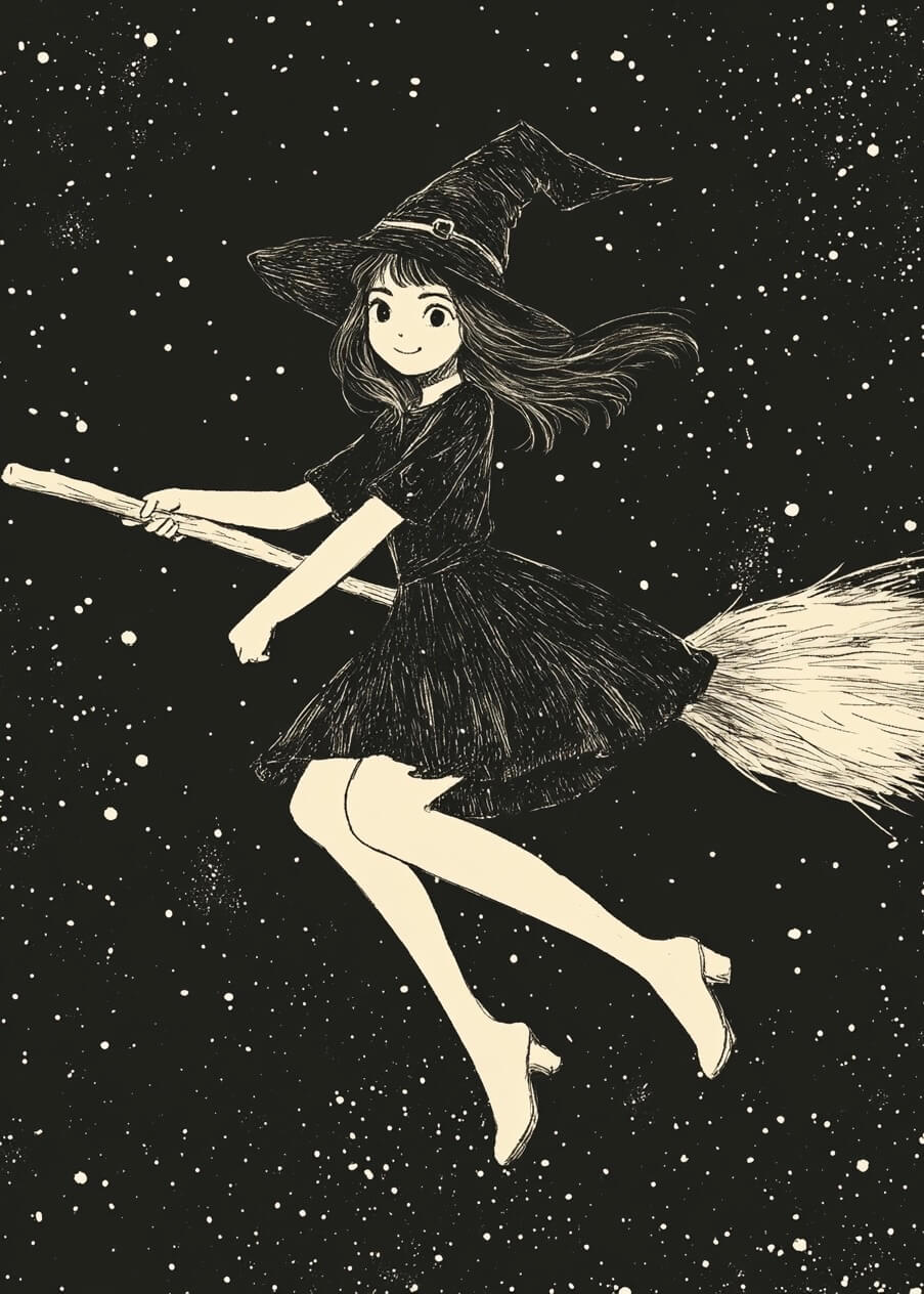 En munter ung heks med hat og kjole flyver på et kosteskaft gennem en stjerneklar nattehimmel i sort-hvid, skitseagtig stil. "Flyvende heks" fra Posters er perfekt som plakat til sort-hvid indretning med magisk stemning.