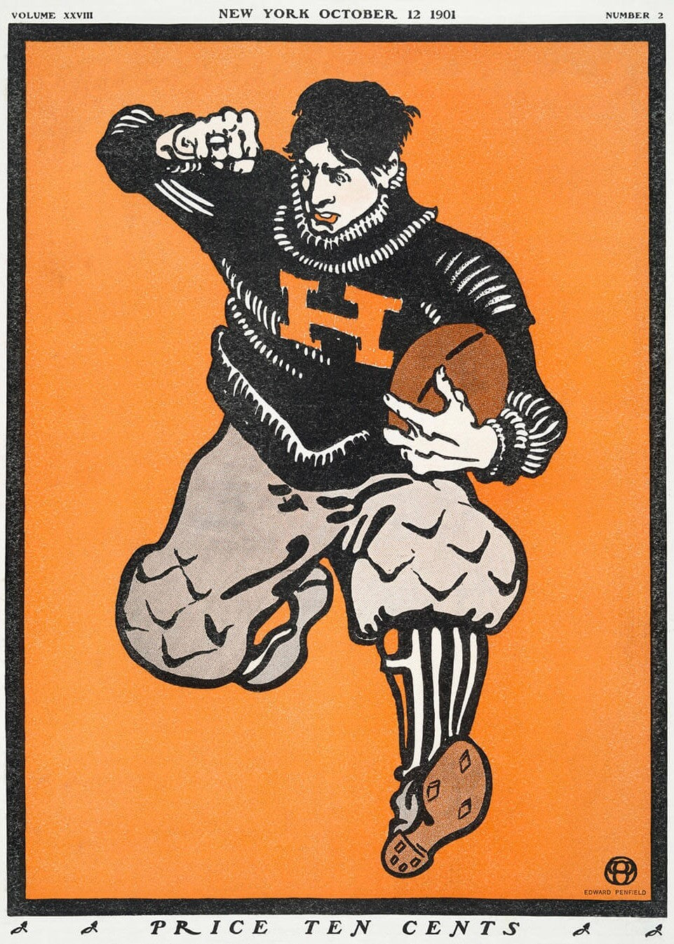 Plakater Fodboldspiller: Illustration i Plakat-stil af en fodboldspiller i en stor H-sweater, stribede bukser og klamper, der løber med en fodbold på en orange baggrund. Dateret 12. oktober 1901. Pris: ti cent.