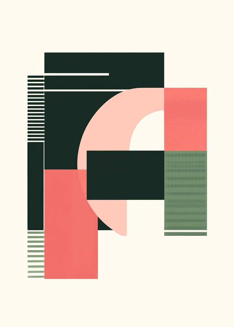 Formernes Leg" af Posters er abstrakt geometrisk kunst med overlappende rektangler, firkanter og halvcirkler i mørkegrøn, pink og koral, accentueret med striber på en lys beige baggrund - et perfekt geometrisk plakat til et moderne, minimalistisk hjem.