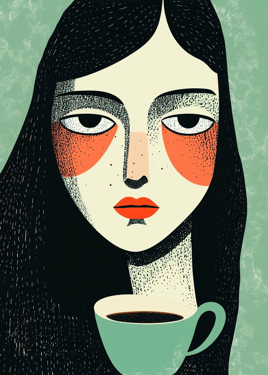Illustration af en alvorlig kvinde med langt mørkt hår, bleg hud og røde kinder, der holder en grøn kop morgenkaffe. På en struktureret grøn baggrund er "Først Kaffe" fra Posters det perfekte stilfulde kaffeplakat til dit rum.