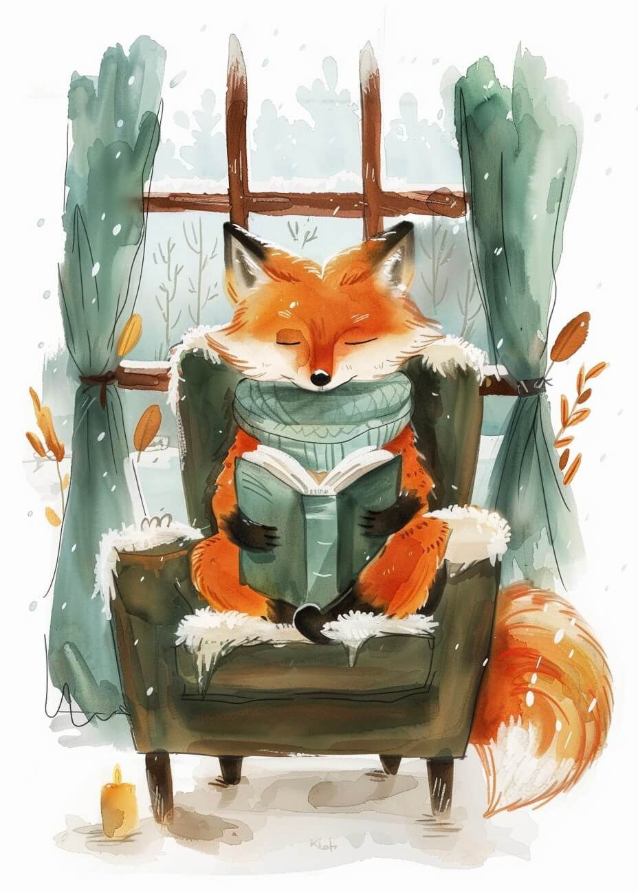 Foxy læsehjørne fra Posters viser et hyggeligt ræv i grøn halstørklæde, der læser i en blød stol med sne udenfor og stearinlys ved siden-en perfekt plakat til ethvert børneværelse.