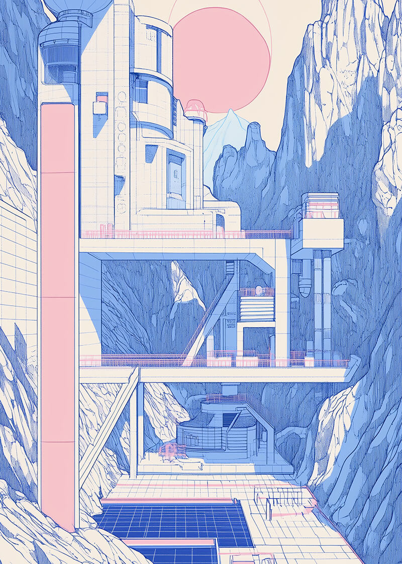 Posters' Futuristisk Bjergby viser en bygning i flere etager med geometriske mønstre, solpaneler, ramper og platforme, der ligger i en klippekløft med forrevne klipper og en lyserød sol over sig.
