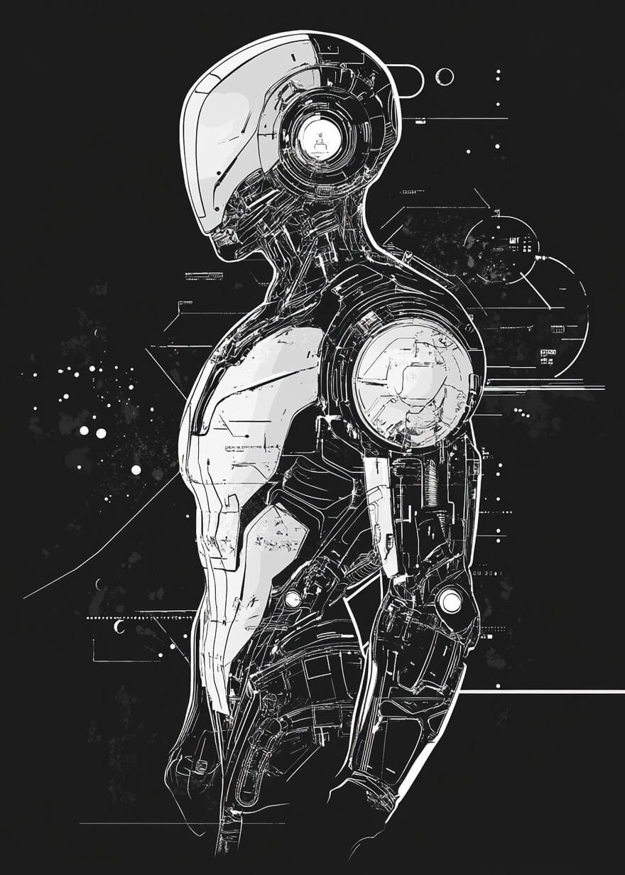 Futuristisk robot by Posters er en slående, detaljeret afbildning af en slank, mekanisk robot i profil med digitale skemaer - en dristig, moderne plakat, der er perfekt til ethvert moderne rum.