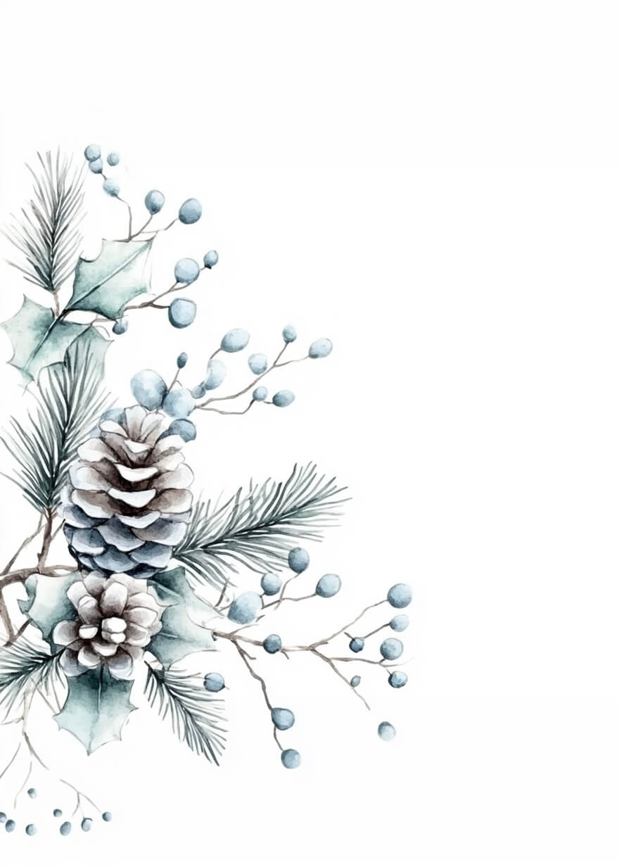 Plakaten "Fyrregren med snebær" fra Posters har akvarellerede kogler, blå bær, kristtornblade og fyrrenåle i nederste venstre hjørne på hvid baggrund - en moderne juledekoration inspireret af vinterlandskab.