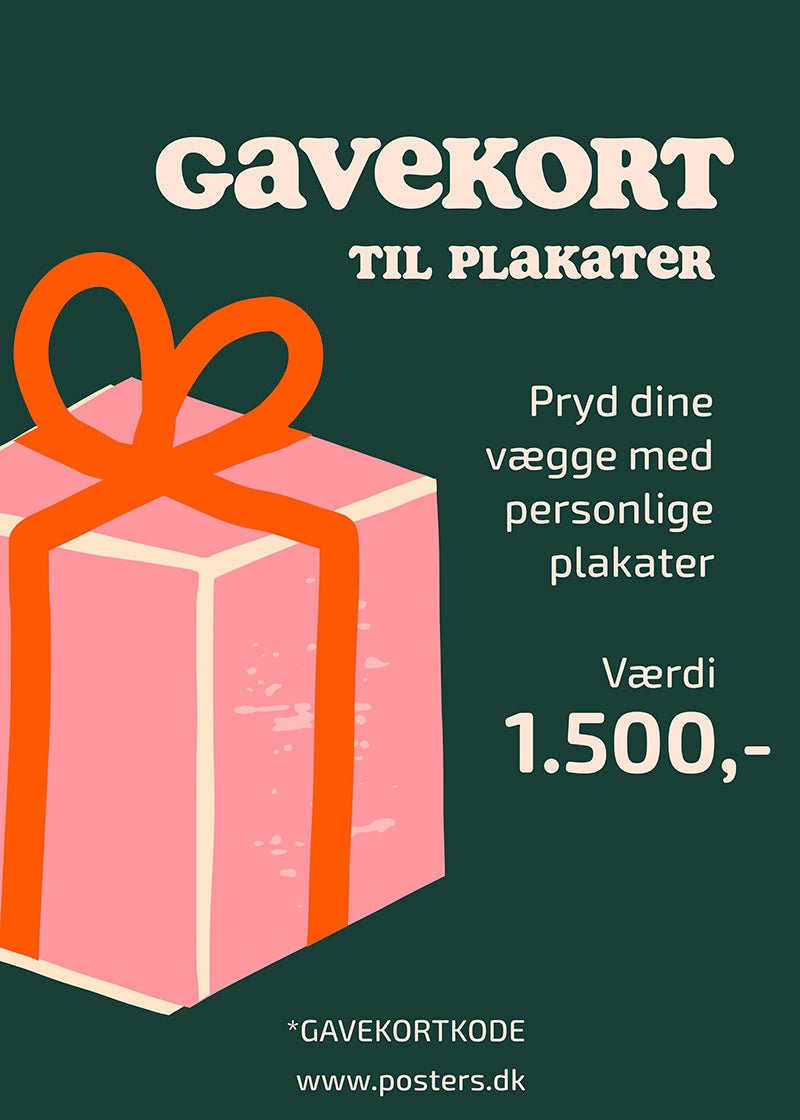 En pink gaveæske med et orange bånd vises på en mørkegrøn baggrund. Dansk tekst reklamerer for Gavekort til billedvæg 1.500,- fra Posters Aps, med unikke designs, med detaljer og et link til hjemmesiden i bunden.