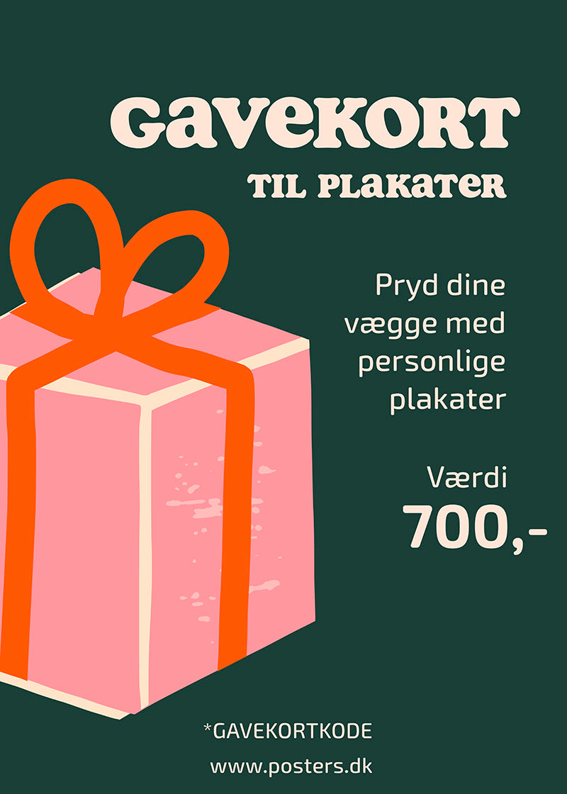 En pink gave med et orange bånd viser et Posters Aps Gavekort 700,- til plakater. Med tekst: "Gavekort til plakater. Pryd dine vægge med personlige plakater. Værdi 700,-" og www.posters.dk.