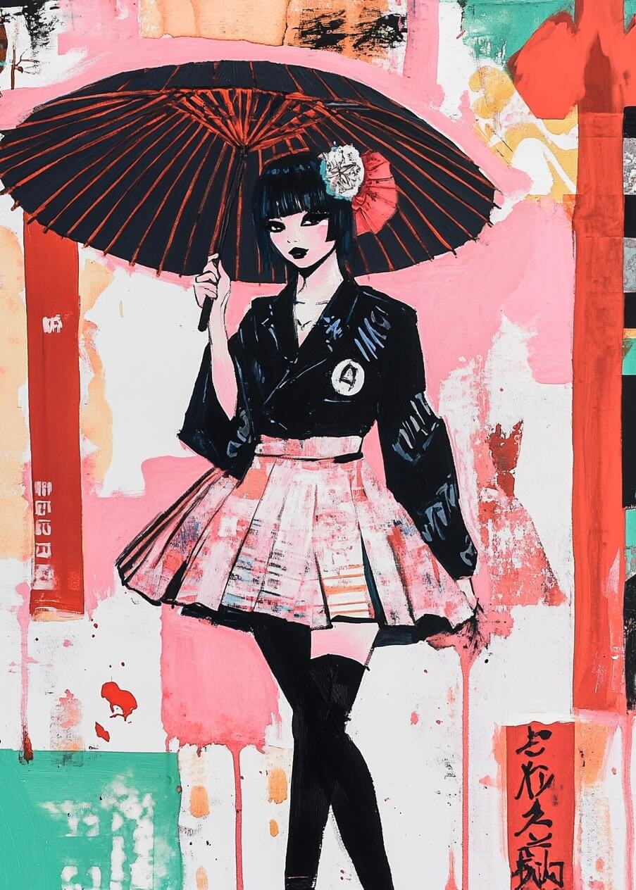 Geisha med parasol fra Posters: En anime-inspireret pige med sort hår, rød papirparasol, sort kimono-jakke, plisseret nederdel, lårhøje strømper og hvid blomst i håret står foran en abstrakt baggrund med japansk tekst.