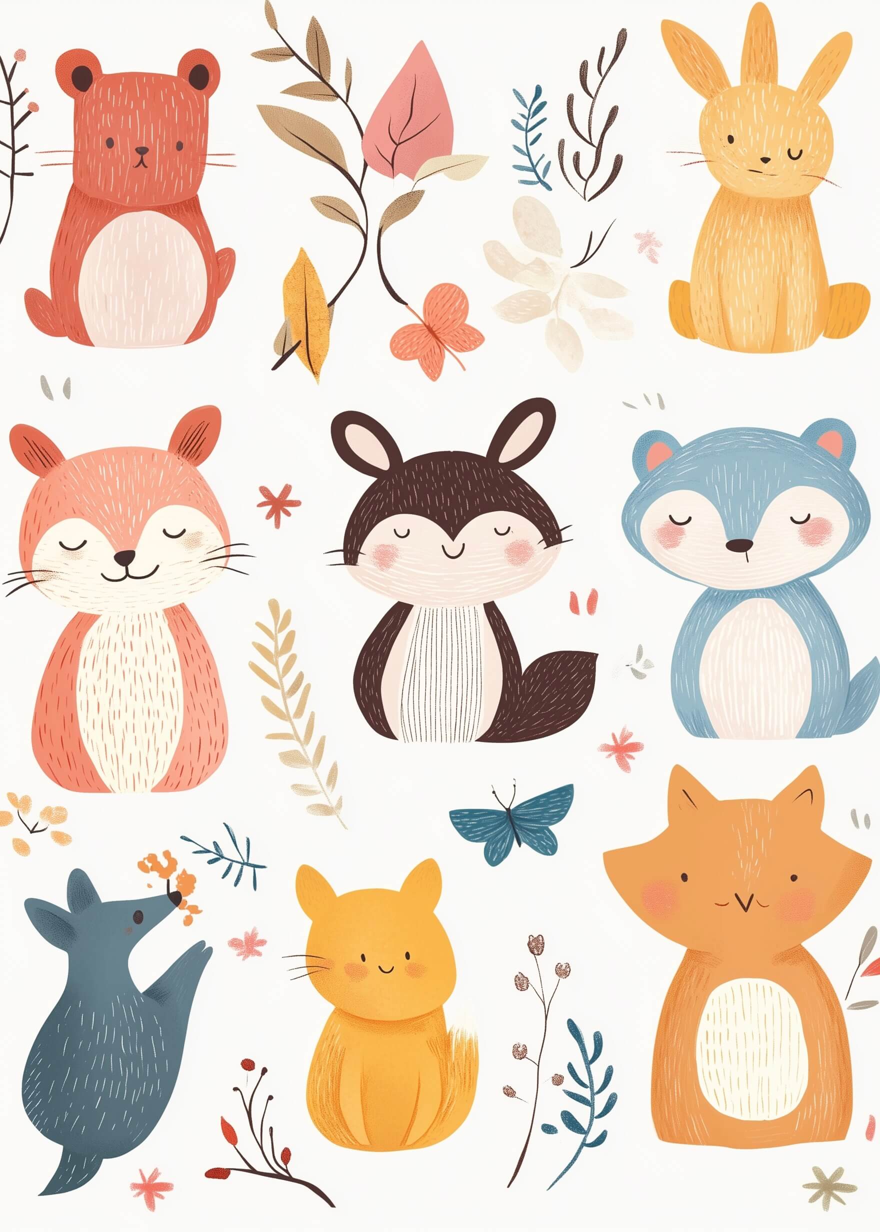 Glade dyr by Posters viser en bjørn, en kanin, et egern, en vaskebjørn, en bæver og en ræv blandt pastelfarvede blade og blomster - en farverig vægdekoration, der er perfekt som plakat børneværelse på en hvid baggrund.