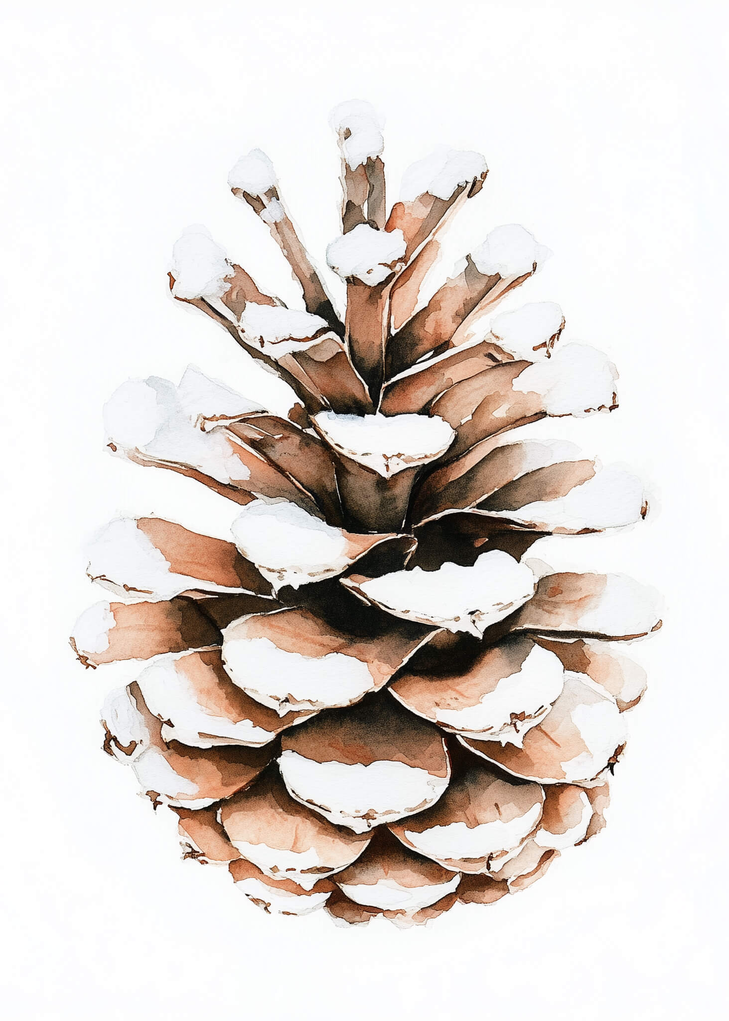 Grankogle med sne fra Posters viser en grankogle dækket af hvidt snelag mod en lys baggrund - et smukt naturmotiv som plakat.