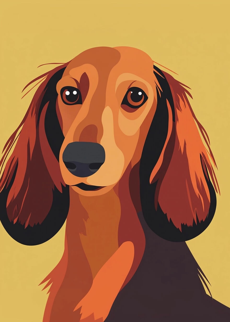 Gravhundens lange ører fra Posters er en digital illustration af en gravhund med lange, slappe ører og rødbrun pels på gul baggrund. Perfekt som hundeplakat, hvor hunden kigger frem med udtryksfulde, runde øjne.