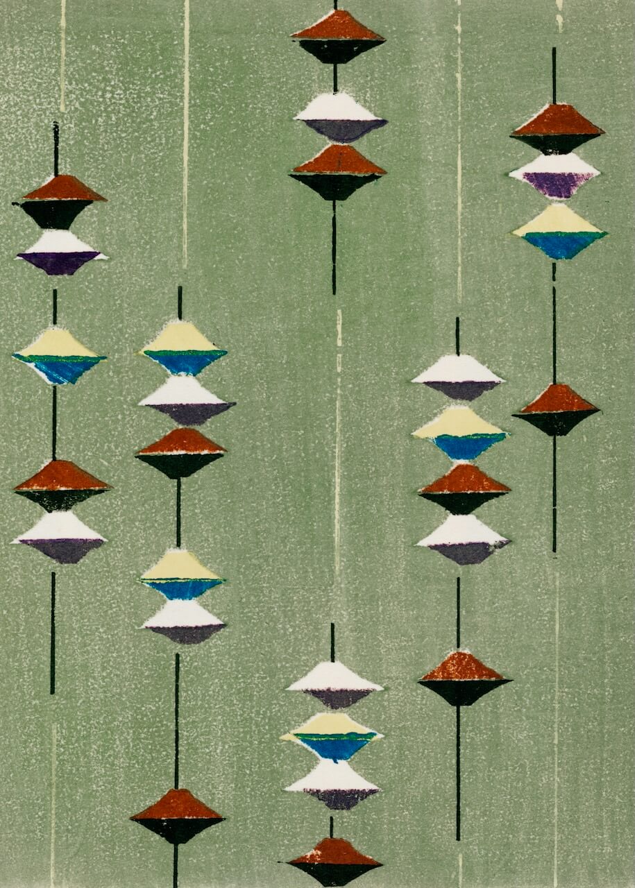 Green vintage woodblock print of Japanese textile