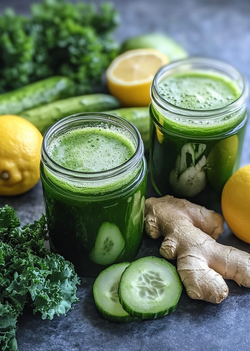 To krukker med Posters Grøn smoothie står blandt frisk grønkål, agurkeskiver, ingefær og halve citroner på en mørk overflade og viser nærende ingredienser til juicing og en frisk stemning.