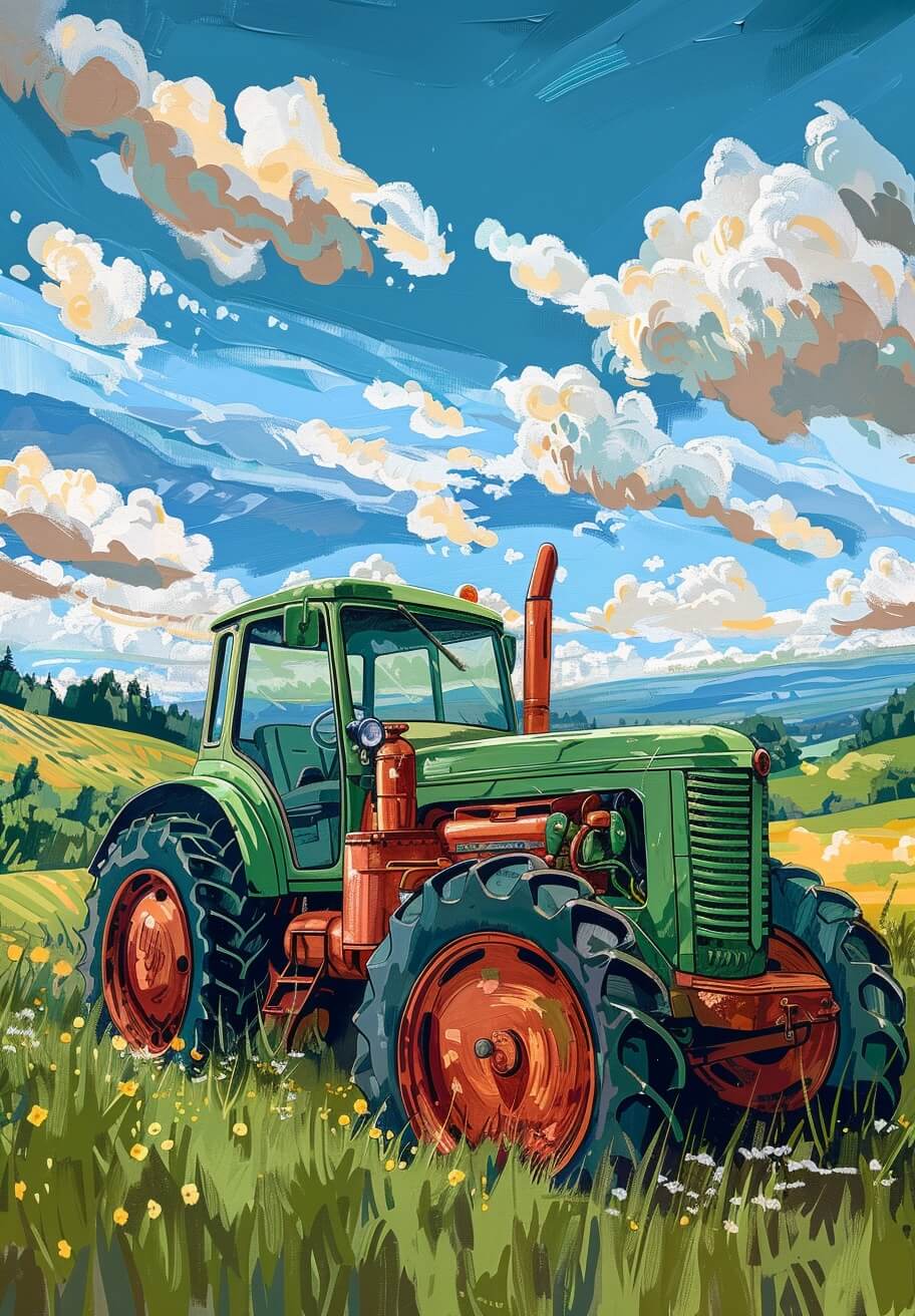 Grøn traktor by Posters viser en grøn og orange traktor på en græsmark fyldt med vilde blomster under en lyseblå himmel med skyer og fjerne bakker - en ideel rustik vægplakat.