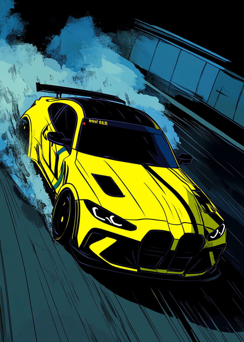 Plakaterne "Gul Racerbil" har en dynamisk illustration af en gul racerbil, der kører i høj fart og efterlader blå røg på en natlig byvej - ideel plakatindretning til enhver bilentusiast.