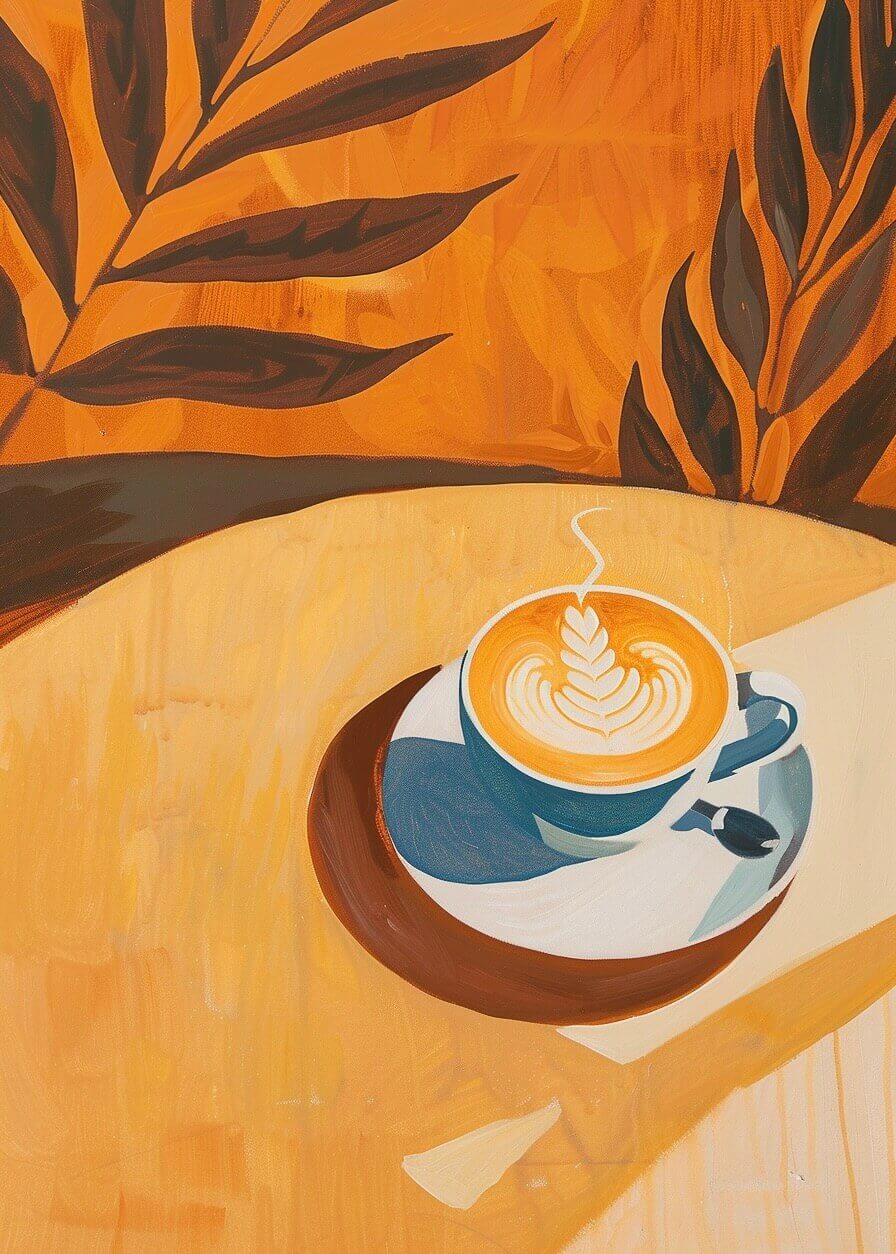 Plakaten "Gylden kaffetid" fra Posters viser en stiliseret plakat af en blå lattekop med bladkunst på en underkop, der står på et varmt bord med abstrakte mørke blade mod en orange baggrund.