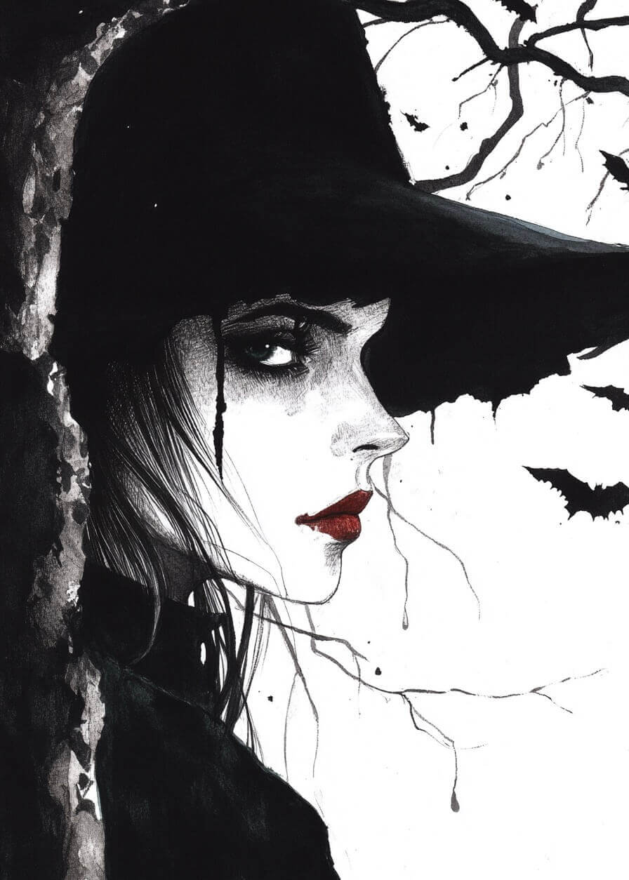 En bleghudet kvinde med røde læber og mørk øjenmakeup og en bredskygget hat står ved et træ, mens flagermusene flyver bag hende - det skaber en gotisk og mystisk stemning på plakaten "Halloween Horror" fra Posters.