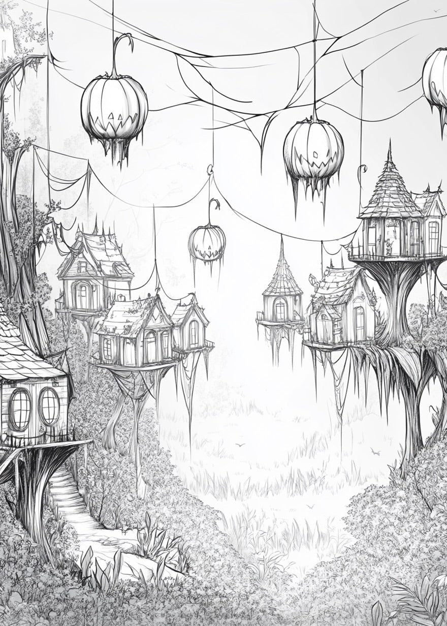 Halloween tegning" fra Posters viser finurlige træhuse med spidse tage og græskarlygter, perfekt som plakat eller efterårsdekoration til et børneværelse. Det sort-hvide design fremhæver trapper, der snor sig op i skovens grene.