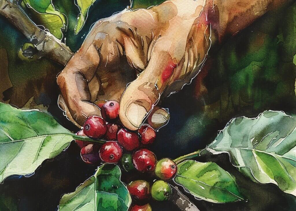 Plakaten "Håndens Høst" viser en akvarelhånd, der plukker modne røde kaffekirsebær fra en bladrig gren.