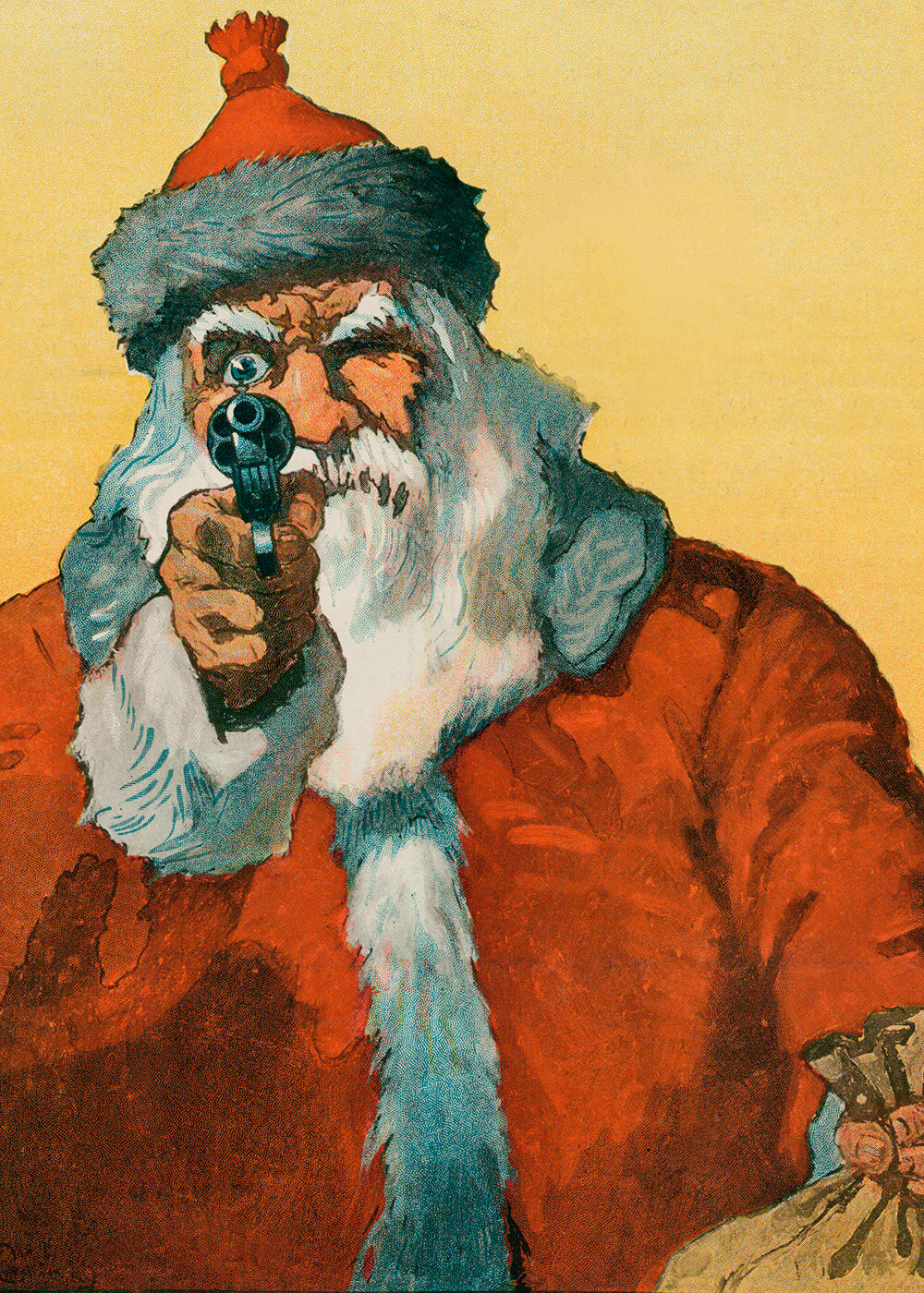 Hands up!" af Posters viser en mand i en rød frakke med en pistol - ideel som humoristisk julepynt eller juleplakat for at give et legende twist til din juleindretning.