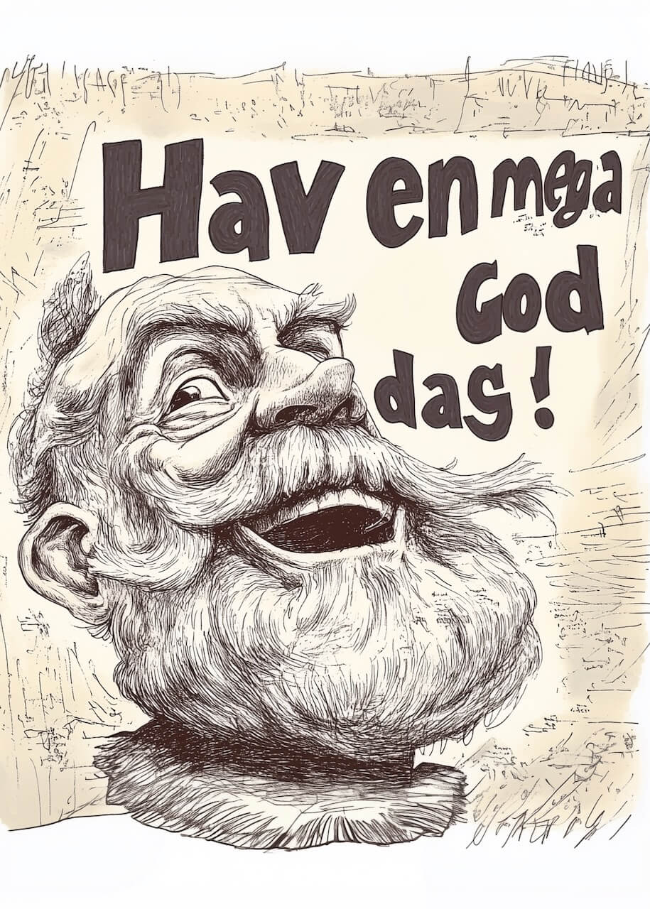 En detaljeret skitse af en skægget, smilende mand ved siden af en stor "Hav en mega god dag"-tekst. Denne plakat fra Posters brand har en beige baggrund med kruseduller, der tilføjer humor og energi til ethvert hjemmekontor.