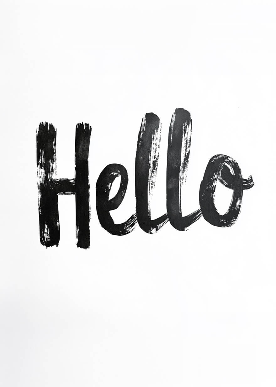 Hello grafittiplakaten fra Posters viser ordet "Hello" med fede, sorte penselstrøg på en almindelig hvid baggrund, hvilket skaber en slående sort/hvid plakat, der er ideel til moderne byindretning.