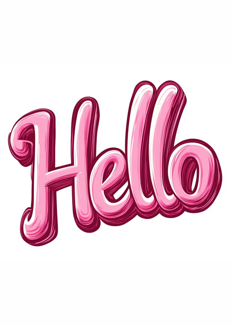 Hello pink by Posters har ordet "Hello" i store, fede, lyserøde boblebogstaver med et blankt skær på en hvid baggrund, hvilket skaber en moderne plakat med levende farver.