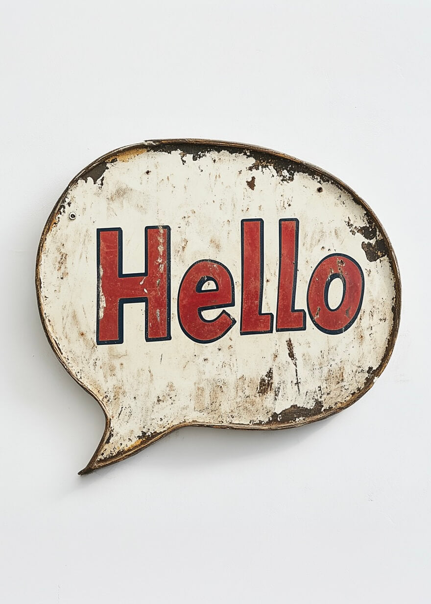 Hello Sign by Posters har en talebobleform, en nødlidende hvid baggrund og fed rød "Hello"-bogstav med sort kontur, hvilket giver det et charmerende vintage plakat-look.