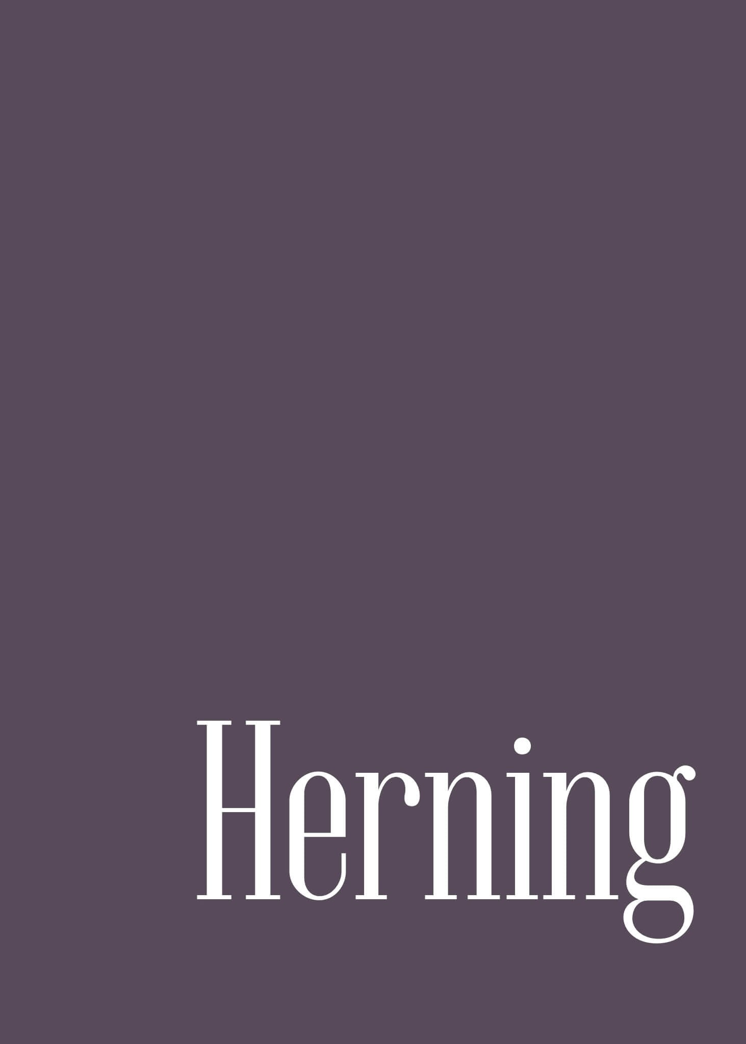En lilla baggrund med "Herning" i store hvide serifbogstaver nederst til højre, med et kunstnerisk design inspireret af moderne kunst - ideel som en stilfuld Herning byplakat fra Posters.