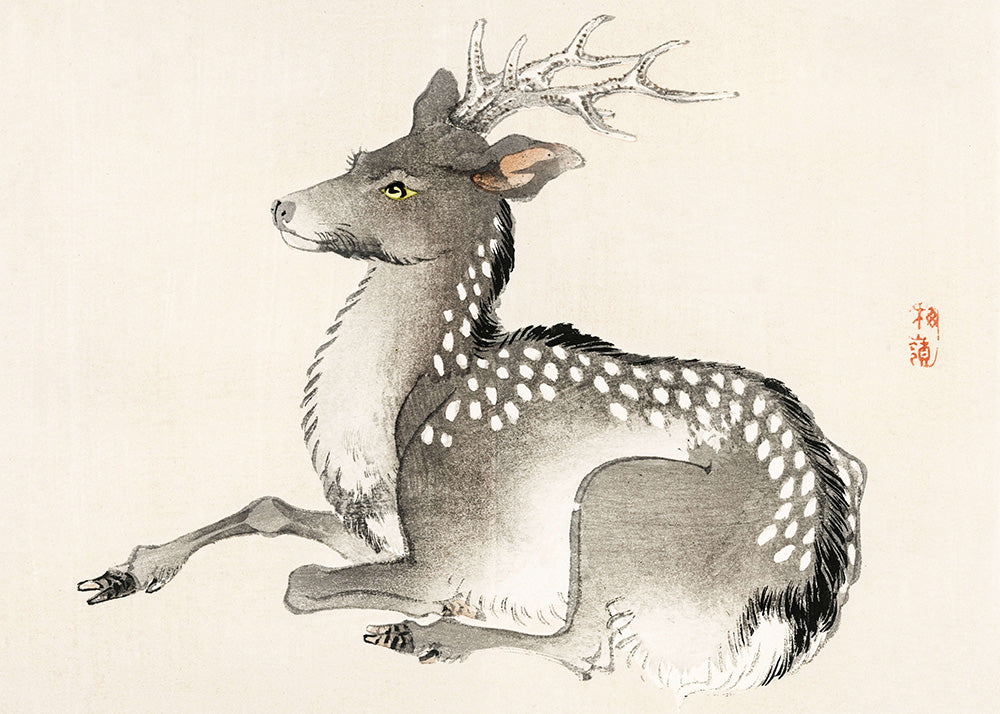 Hjortens ro by Posters er et traditionelt japansk tuschmaleri af en plettet hjort med gevir, der ligger yndefuldt på jorden. Den minimale baggrund fremhæver det delikate penselarbejde, hvilket gør det til et elegant plakat natur til enhver indretning.