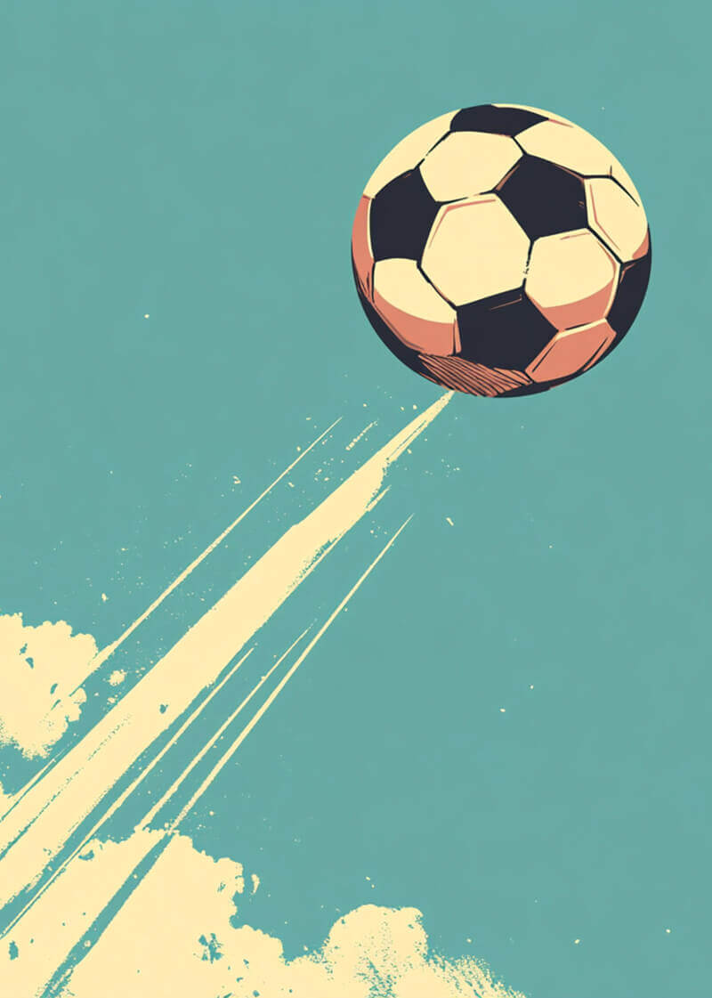 Plakaten "Højdeskud" fra Posters viser en fodbold, der svæver gennem en blågrøn himmel med lysegule spor og skyer, der indfanger dynamisk bevægelse og energi i et slående visuelt udsagn.