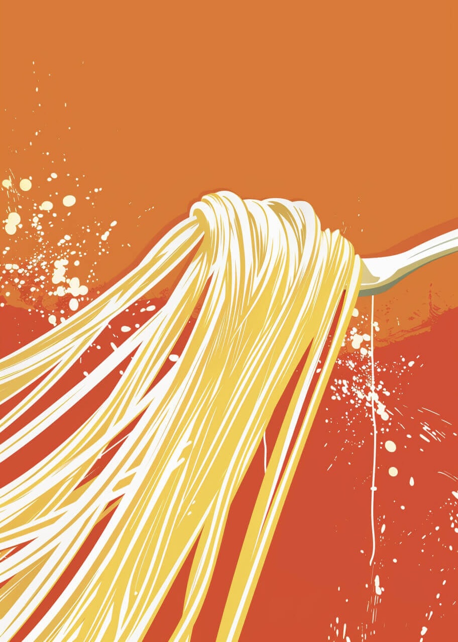 En grafisk plakatillustration til Posters' Homemade Spaghetti viser en gaffel, der snurrer gule nudler mod en levende orange og rød baggrund.