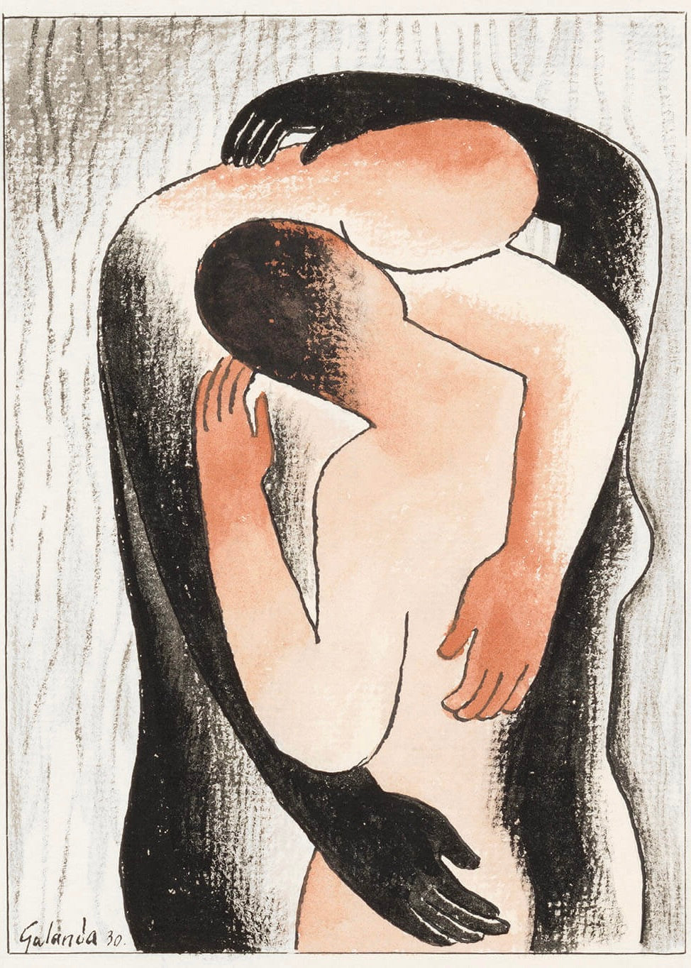 Plakaten "Hug - Mikulas" fra Posters viser to abstrakte, sammenflettede figurer - en lys og en mørk - der omfavner hinanden tæt i plakatstil med bløde linjer og dæmpede toner, der fremkalder intimitet og sammenhold.