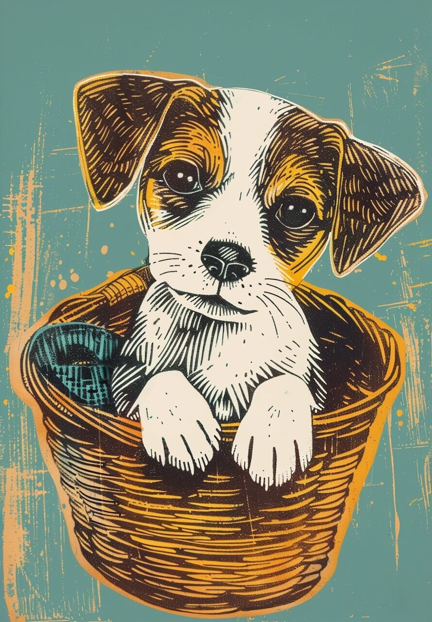 Plakaten "Hundehvalp kigger frem" fra Posters viser en sød brun og hvid hvalp, der sidder i en flettet kurv på en blågrøn, skitseagtig baggrund og kigger op med store, udtryksfulde øjne - perfekt til at give charme til ethvert rum.