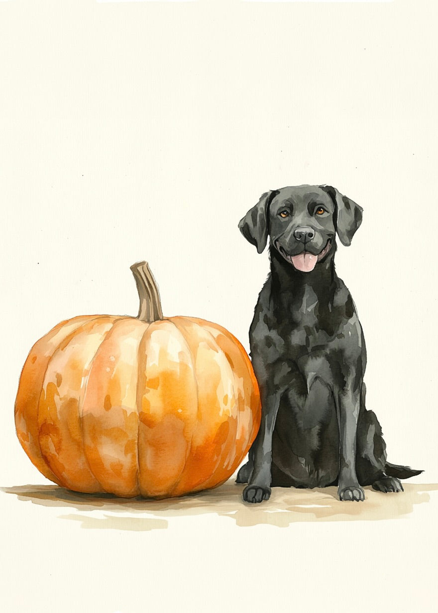 Hunden vogter græskar"-plakaten fra Posters viser en sort labrador ved siden af et stort orange græskar på lys baggrund-perfekt til hyggelig efterårsindretning. Begge vender fremad.