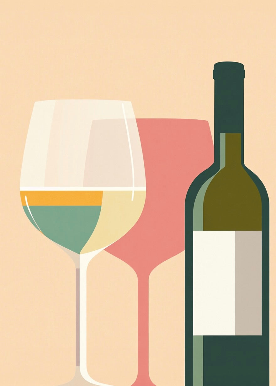 Hvidvinens Skygge fra Posters: En minimalistisk plakat med en vinflaske og et glas hvidvin på beige baggrund, hvor glasset kaster en rosafarvet skygge. Flasken har en blank, hvid etikette.