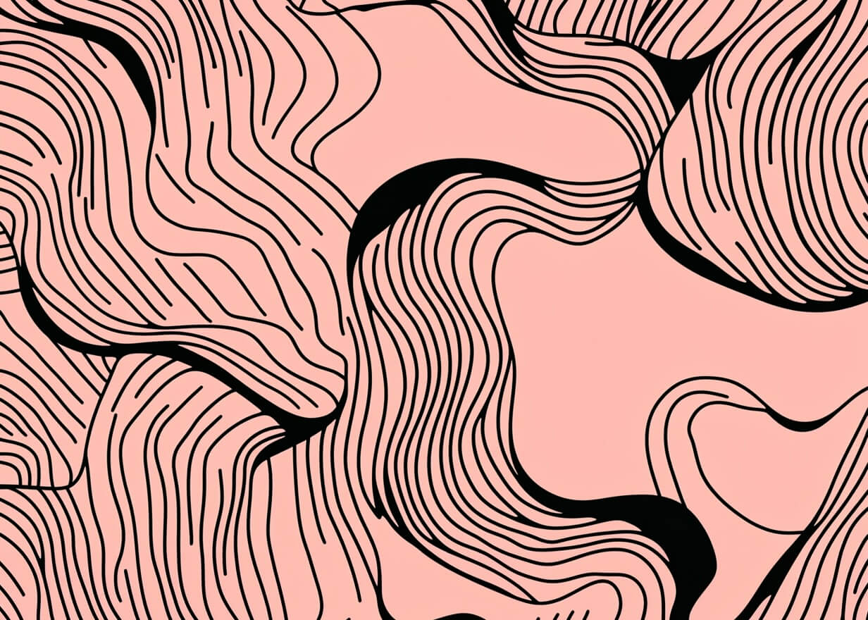 Hvirvelvinde fra plakater: Organisk, flydende design med sorte, bølgende linjer på lyserød baggrund - en moderne, abstrakt plakat og kunstnerisk vægdekoration.