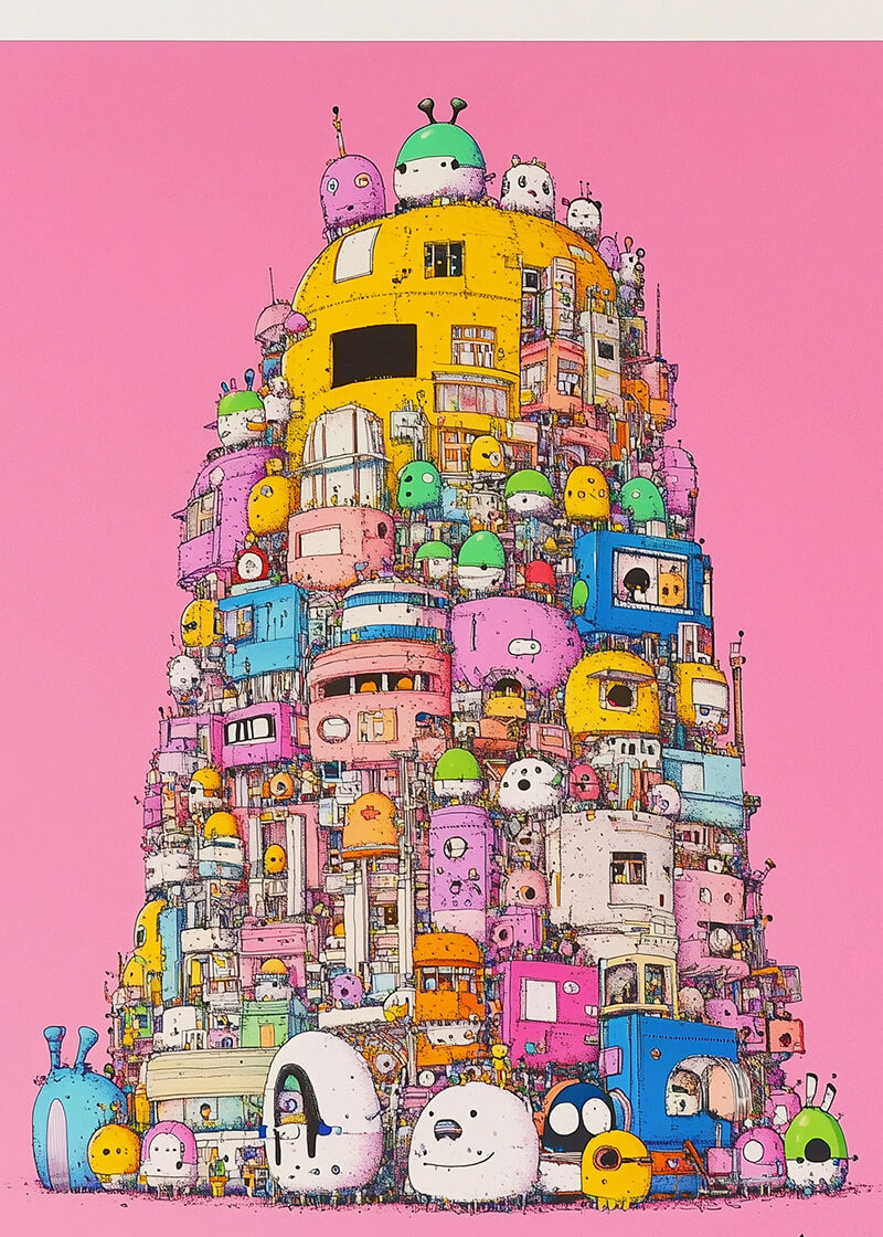Hytte på hytte børneplakat fra Posters har et finurligt tårn af farverige tegneseriebygninger og kupler fyldt med runde, søde væsner på en lyserød baggrund i et kreativt univers.