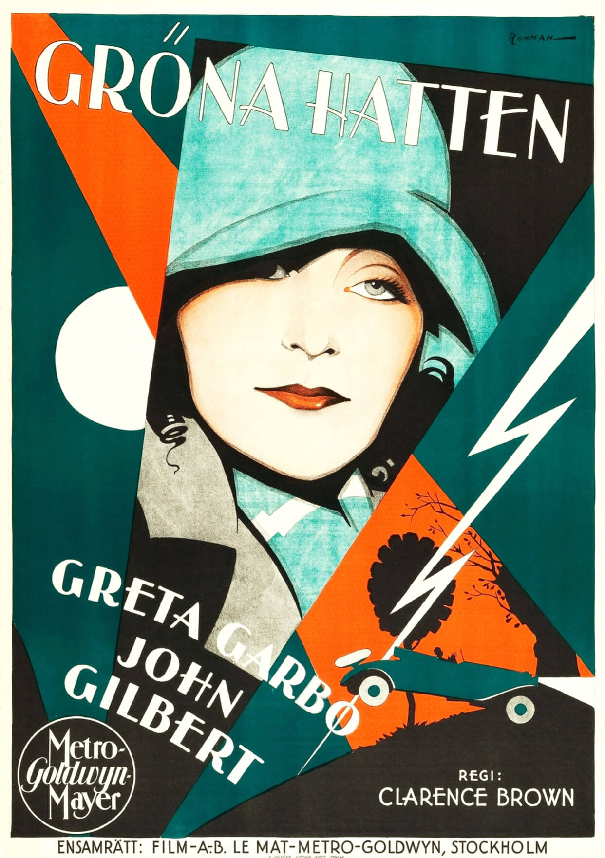 Art deco-plakat for A Woman of Affairs by Posters med en stiliseret kvinde med grøn hat, dristige geometriske former og et lyn. Teksten omfatter Greta Garbo, John Gilbert, Metro-Goldwyn-Mayer og instruktør Clarence Brown.